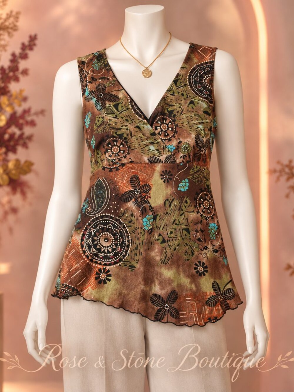 🌍San Francisco Earth Tone Paisley Floral Sleeveless V-Neck Top Est. S